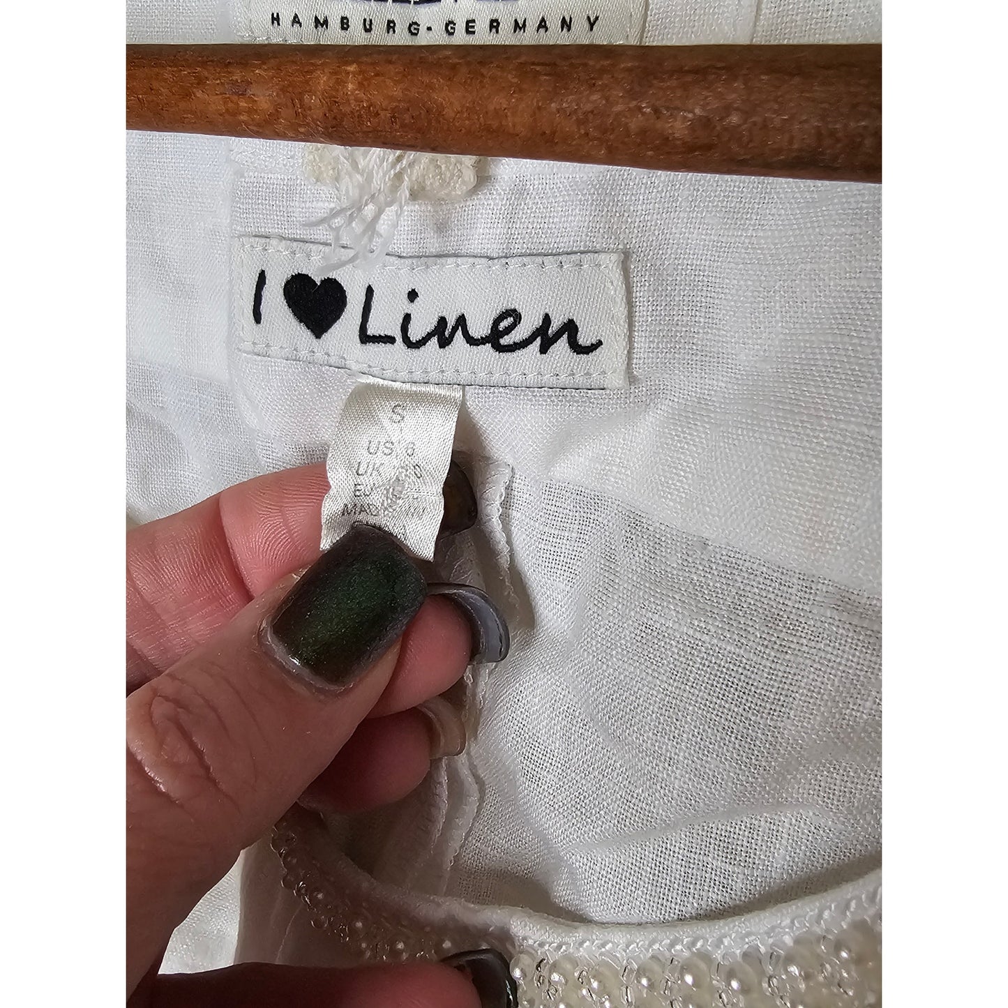 Linen Dress White Drop Waist Pearl Accents by Malvin Germany Ladies size Small