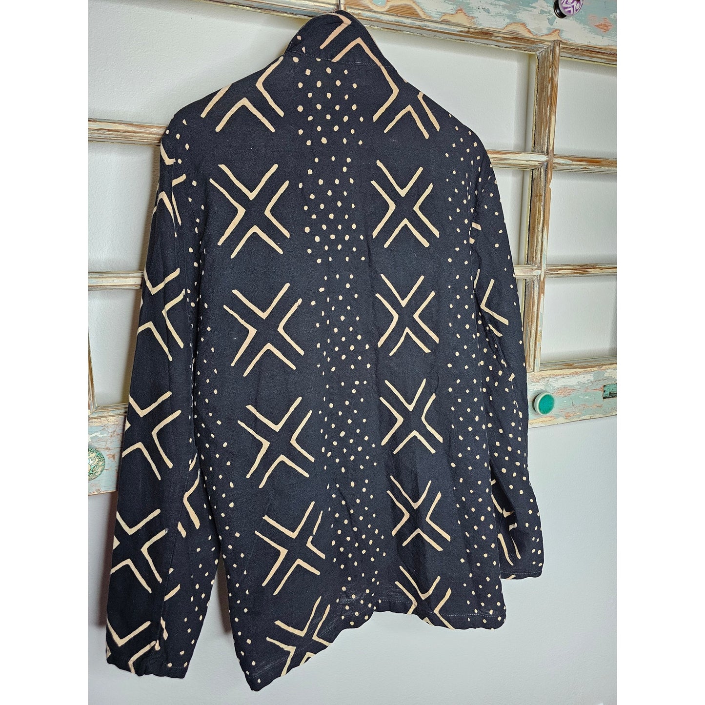 Boho Black/ Tan Open lightweight Geometric Pattern Blazer Size Large