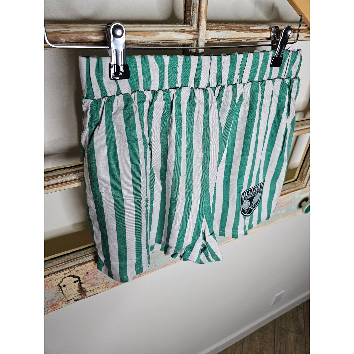 NWT Green & White Malibu Tennis Club Striped Shorts Ladies Size Small