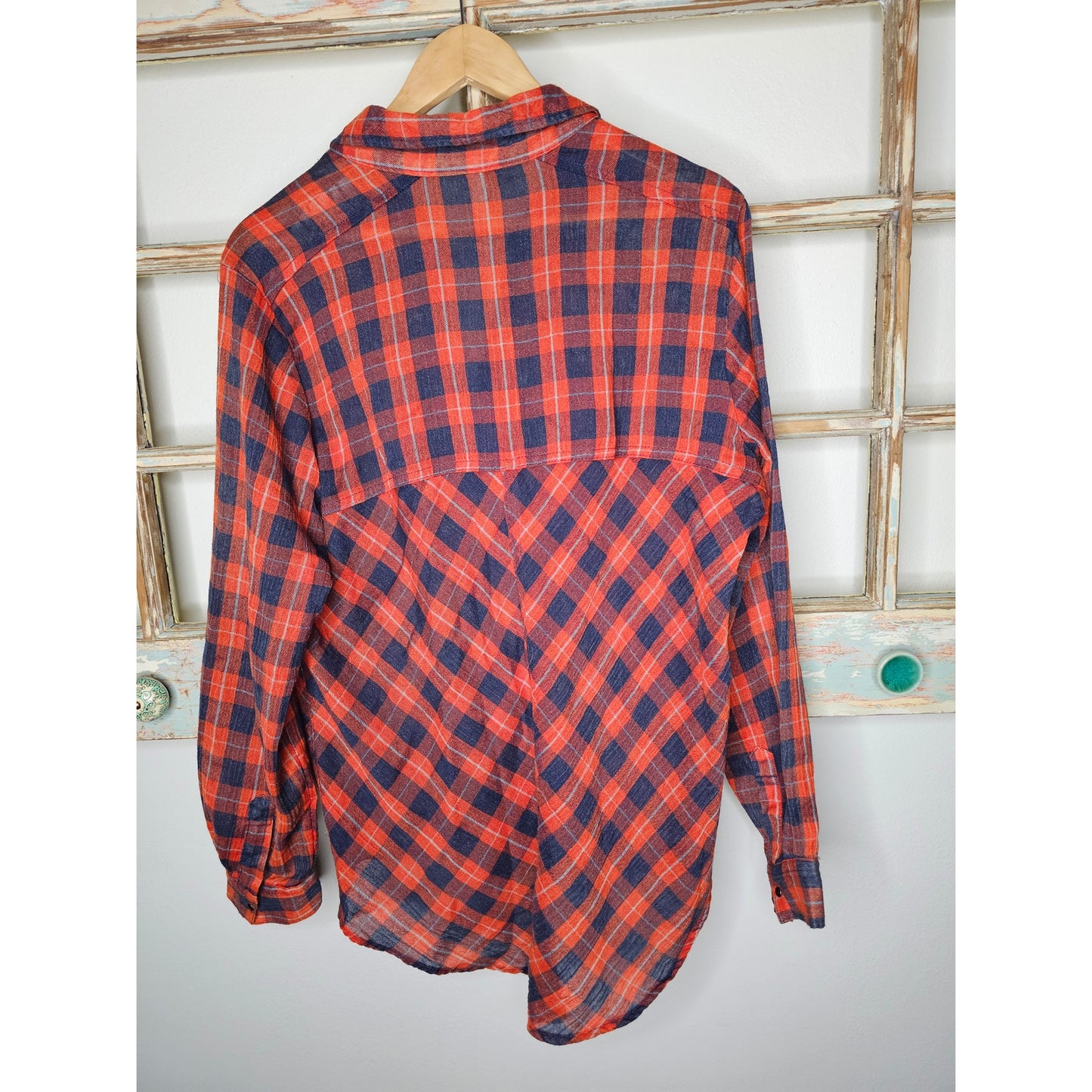 Free People Red/Blue Plaid Snap Up Top Ladies size Medium