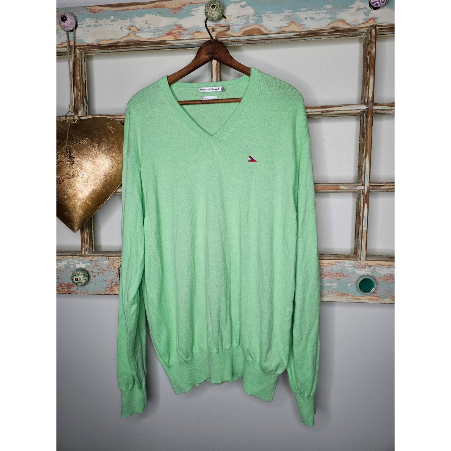 Peter Millar V-neck Green Lightweight Sweater Cotton/Cashmere Men's Size Large