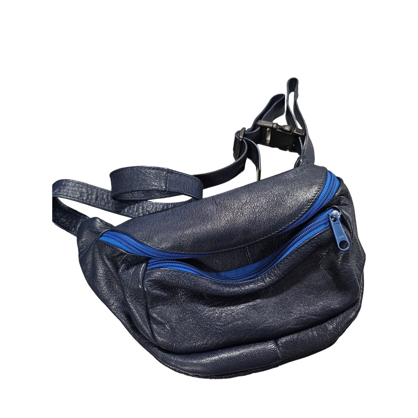 Vintage Navy-Blue Leather Adjustable Fanny Pack With Royal Blue Zippers