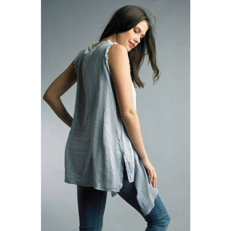 Tempo Paris Linen High Low Embroidered Frayed Edge Tank Top Size Large