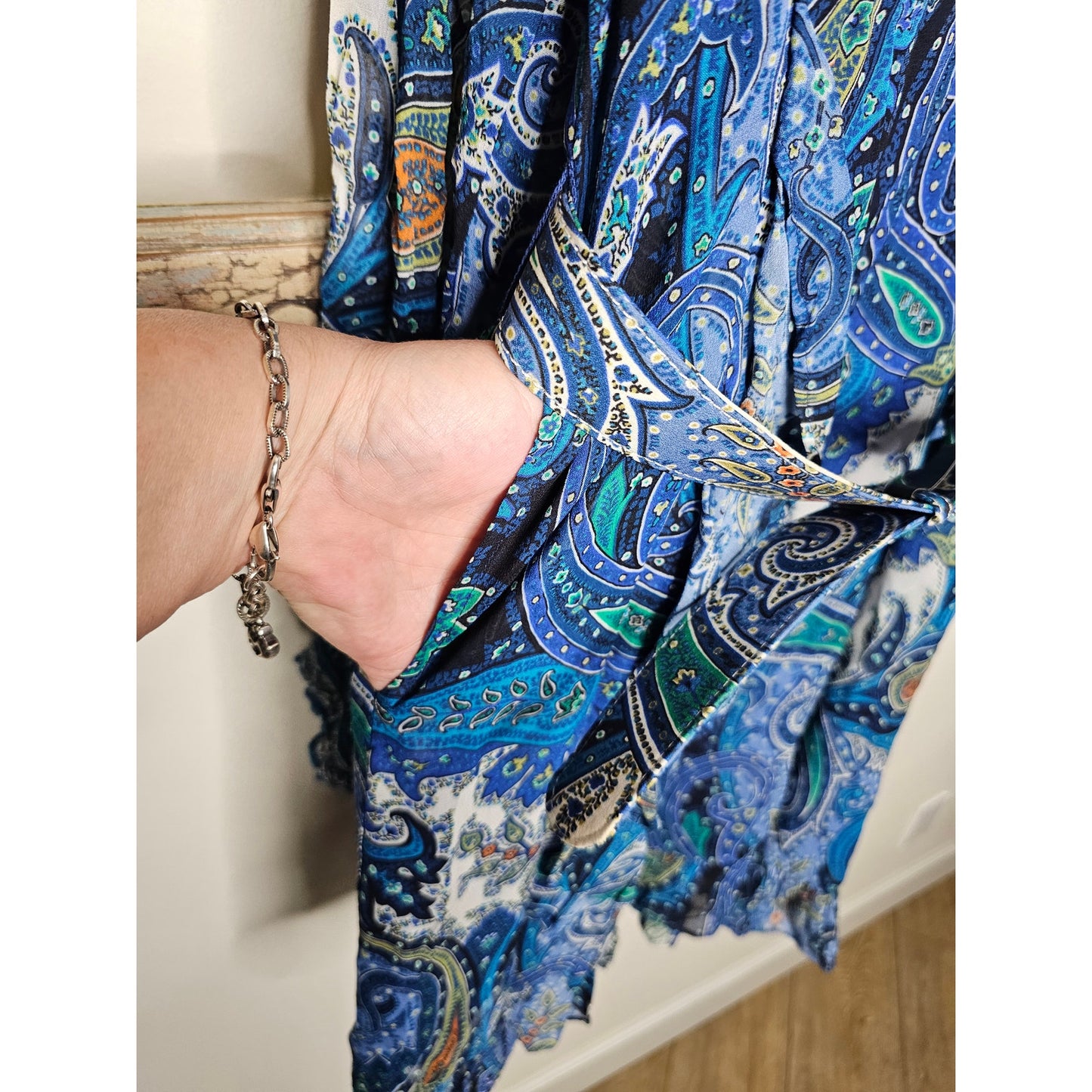 NWT Hale Bob Paisley Blue lightweight Dress Sheer long Sleeves ladies size XS