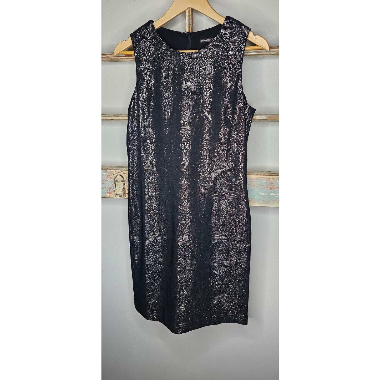 J. Mclaughlin black/pewter metallic floral sleeveless knee length Dress ladies size 6