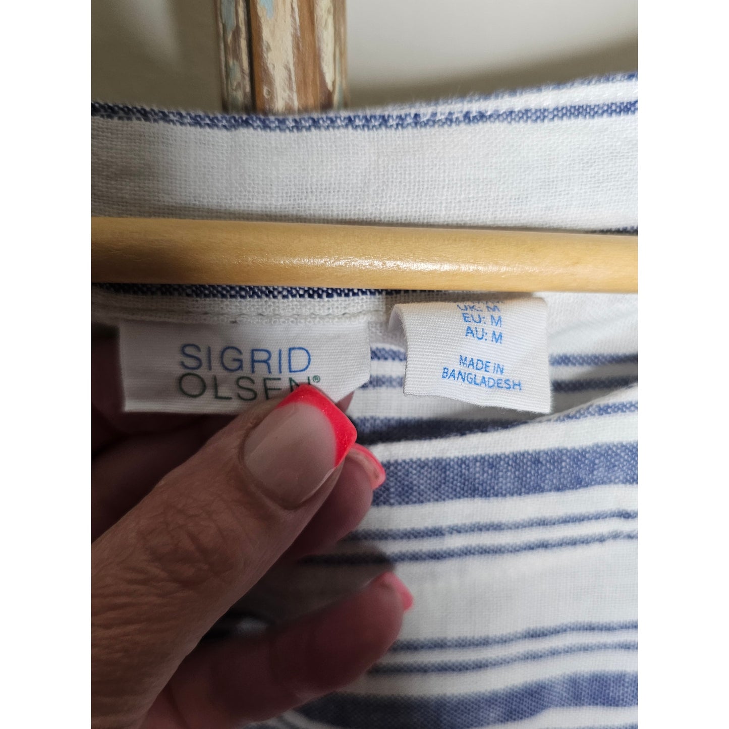 Linen Striped Sigrid Olsen 3/4 Sleeves Boatneck Top Size Medium