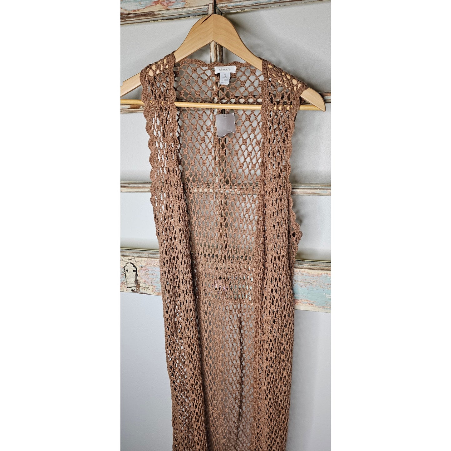 NWT Chico's Valerie Crochet Long Taupe Long Boho Open Vest XS / Chico's size 0