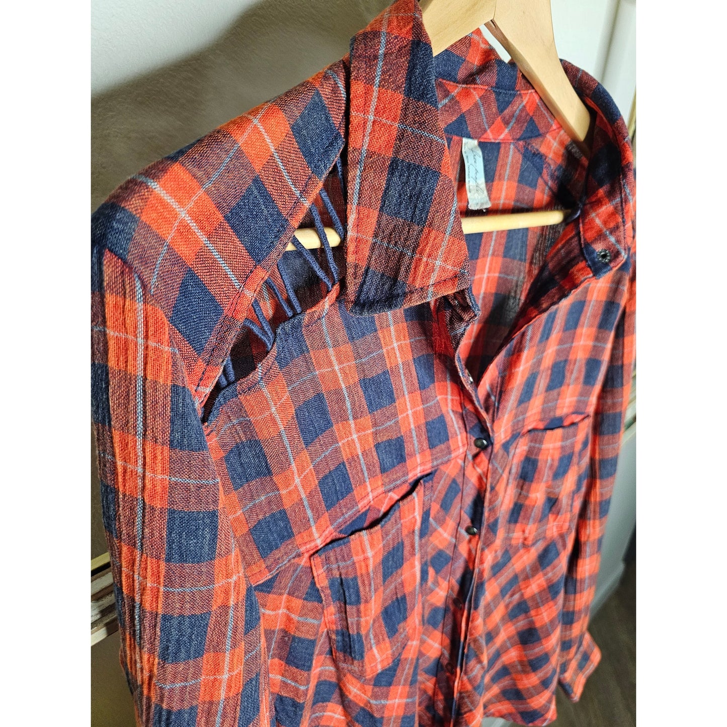 Free People Red/Blue Plaid Snap Up Top Ladies size Medium