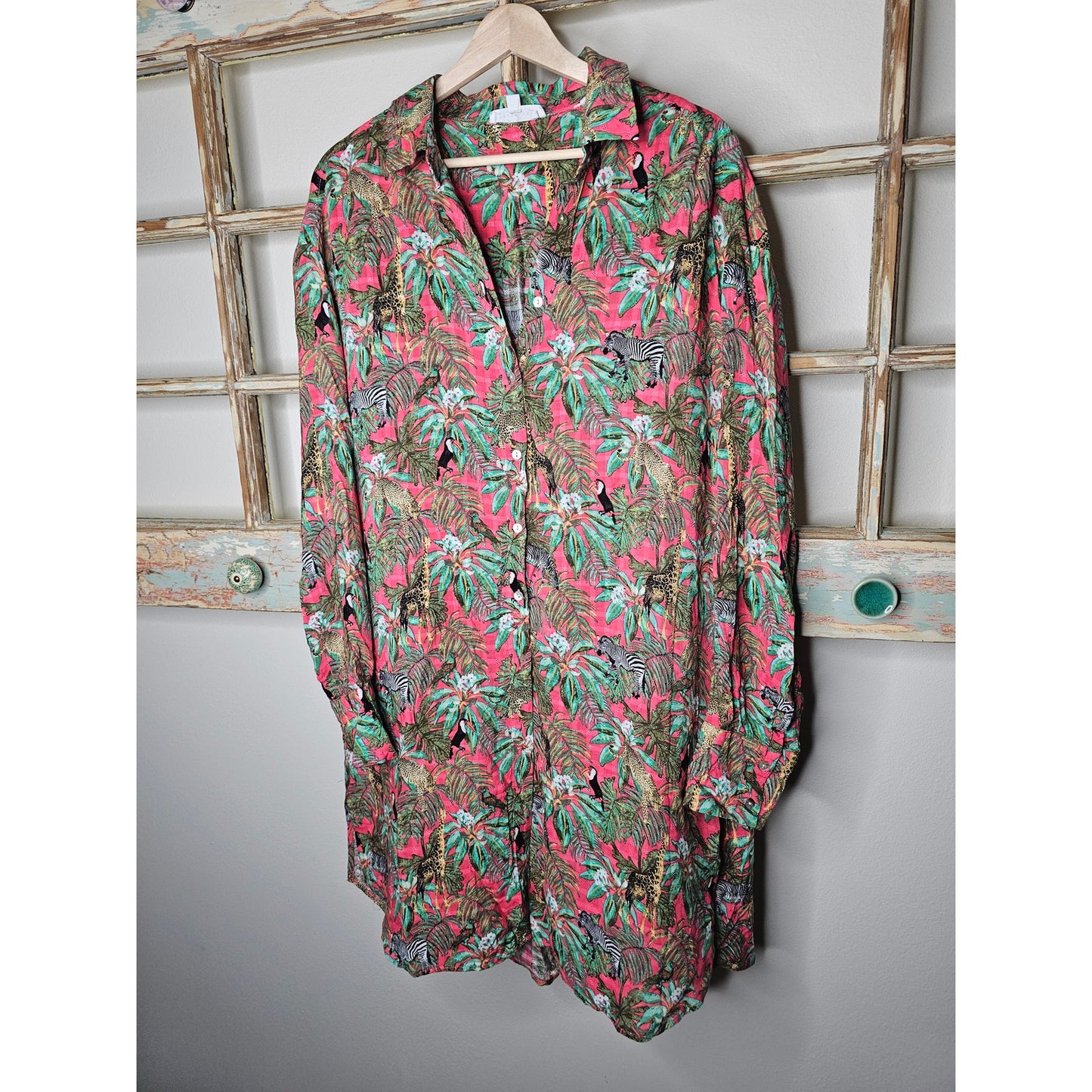 Jane & Delancey Jungle Safari Rain Forest Long Button Up Ladies size Large