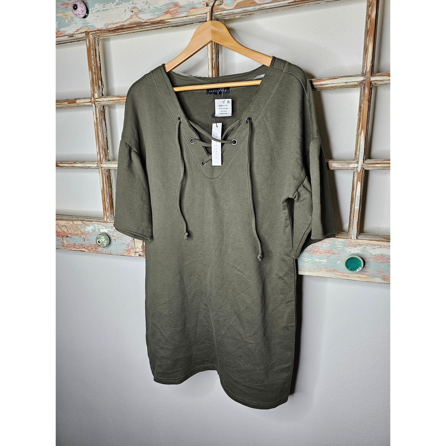 NWT Sactuary Army Green Short Sleeve Lace Up Ladies Medium Dress