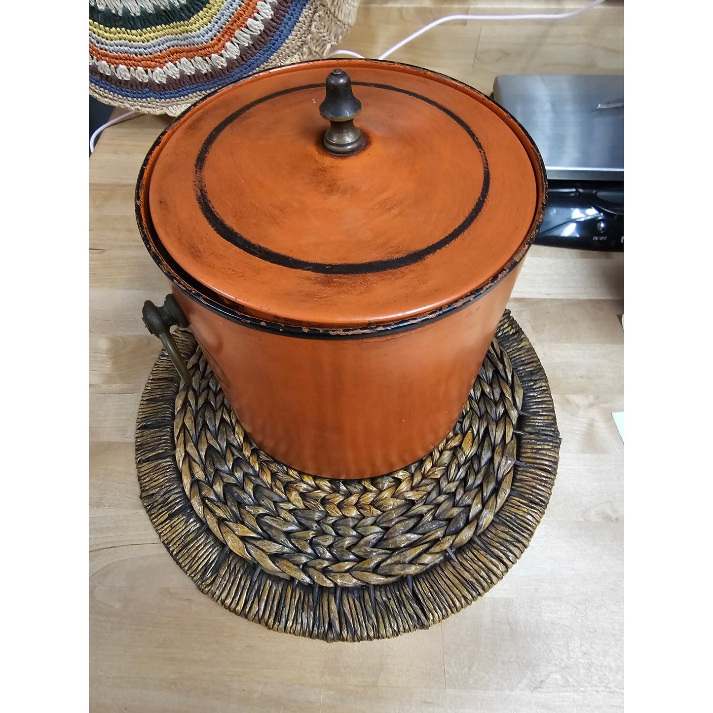 Vintage Cinnabar orange With black Wash/Trim Ice bucket Brass accents