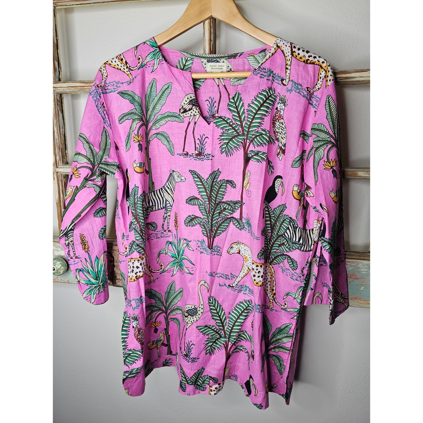 Pink Jungle Print Pullover Tunic Ladies Size Medium by Little Tibet Boutique