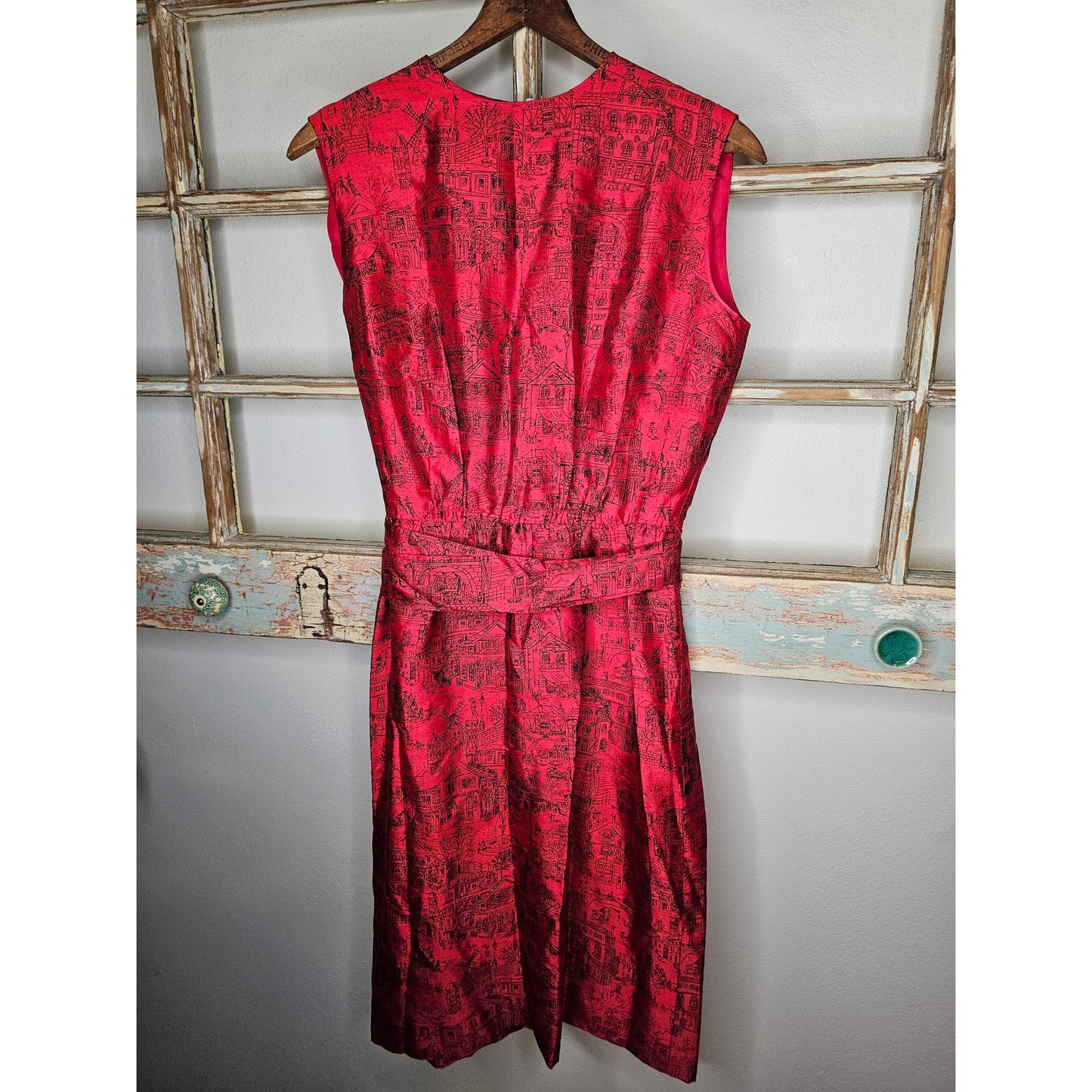 Vintage Lanz Red Silk Dress With sketched Street Scene knee length size small