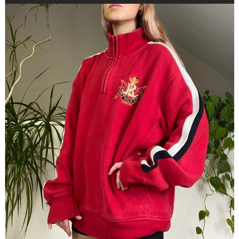 Polo Ralph Lauren Pullover 1/4 zip with crest Red, Cream, Black Ladies Medium