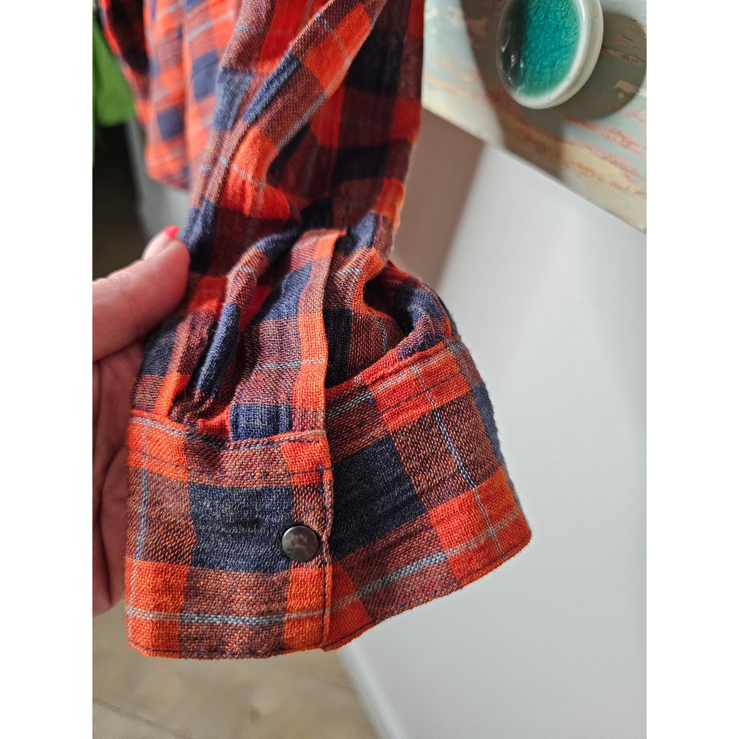 Free People Red/Blue Plaid Snap Up Top Ladies size Medium