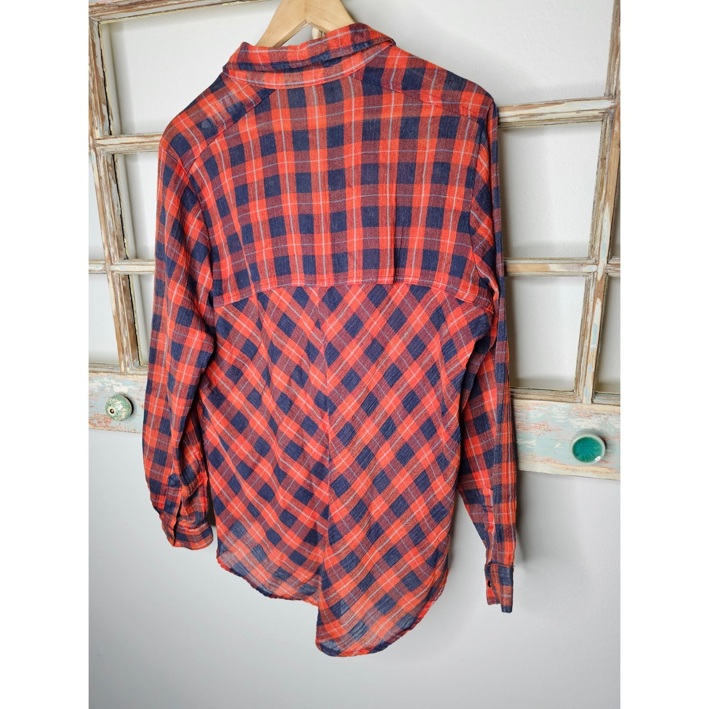Free People Red/Blue Plaid Snap Up Top Ladies size Medium
