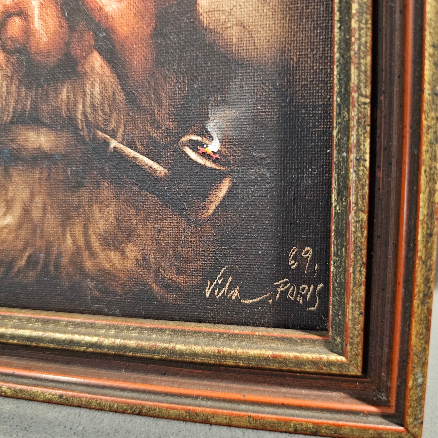 Vintage Set of Framed Oil Paintings Vila Paris 1969 Old Man Pipe & Cigarette