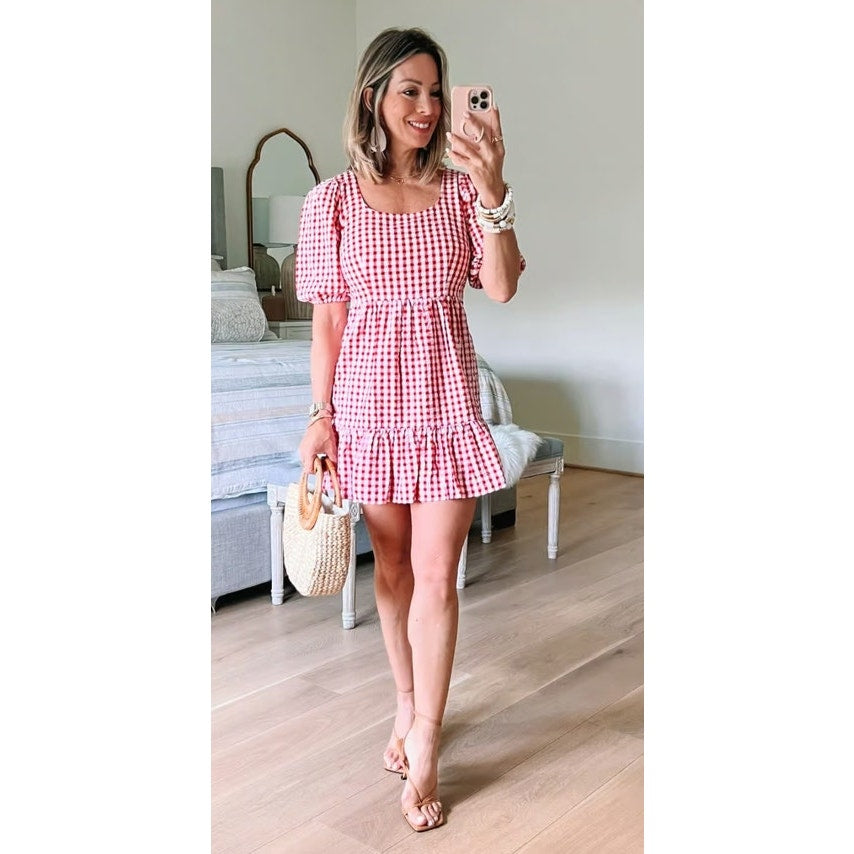 Gingham Red/White Tie Back Flounce Swing Dress Ladies size 12