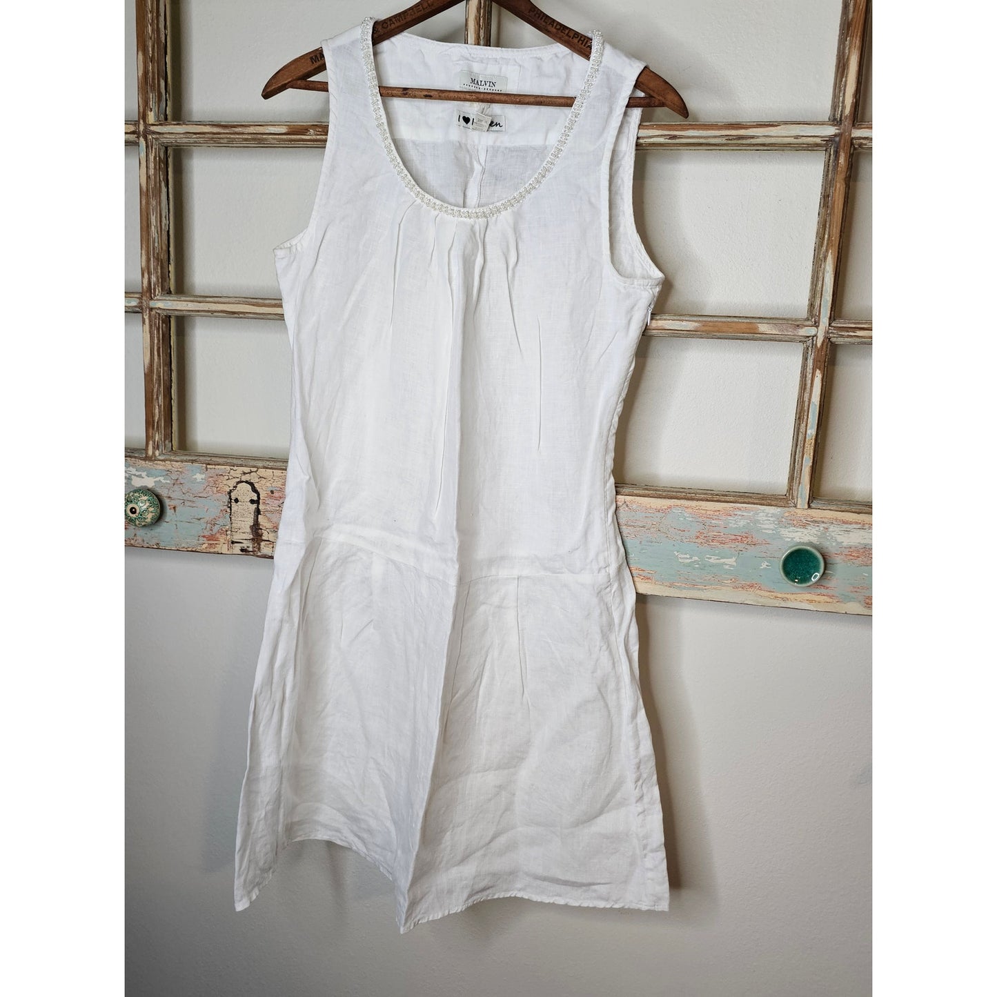 Linen Dress White Drop Waist Pearl Accents by Malvin Germany Ladies size Small