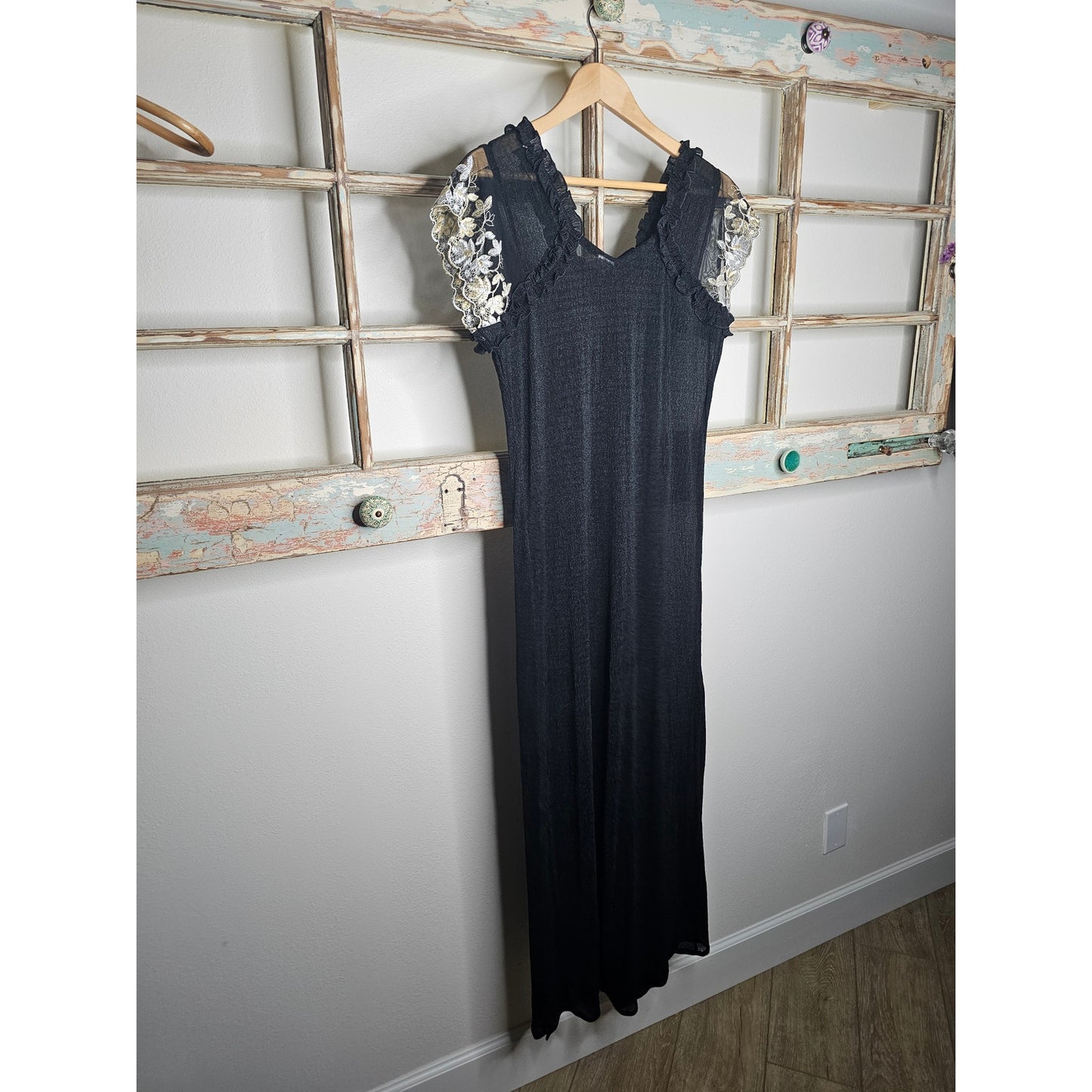 Vintage Nightlady Black Sheer Full Length Nightgown / Dress size Small