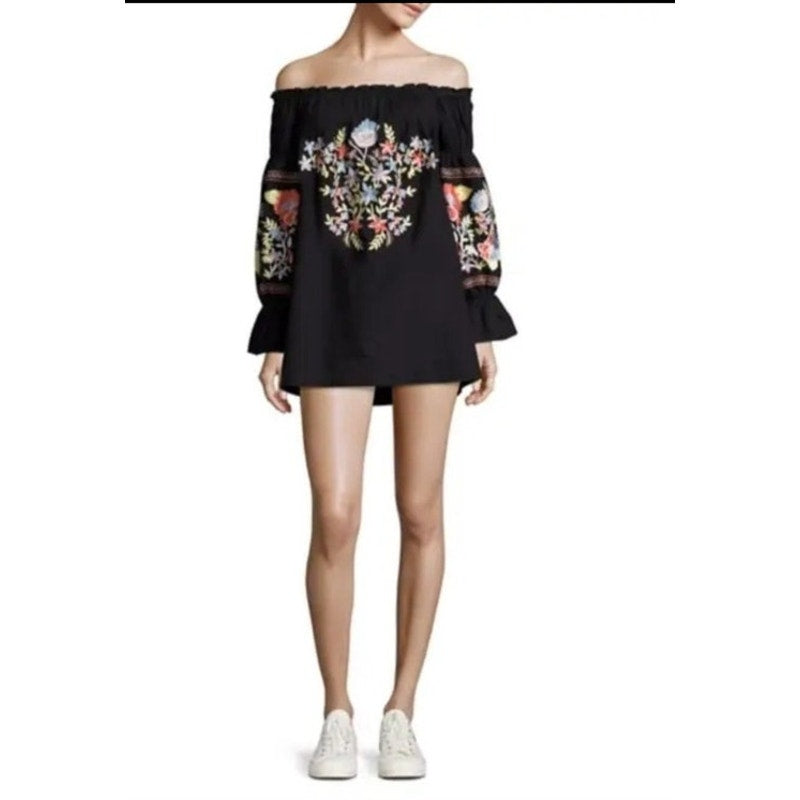 Free People Boho Off The Shoulder Black Embroidered Dress ladies size small