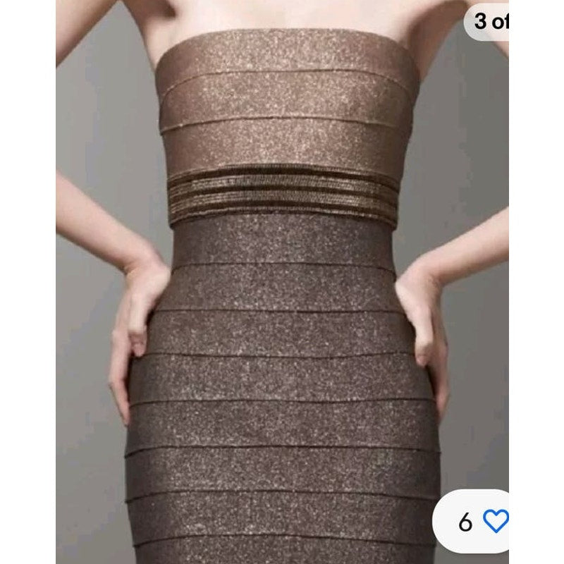 NWT Carmen Marc Valvo Two-Tone Metallic Bandage Dress With beaded belt size Large