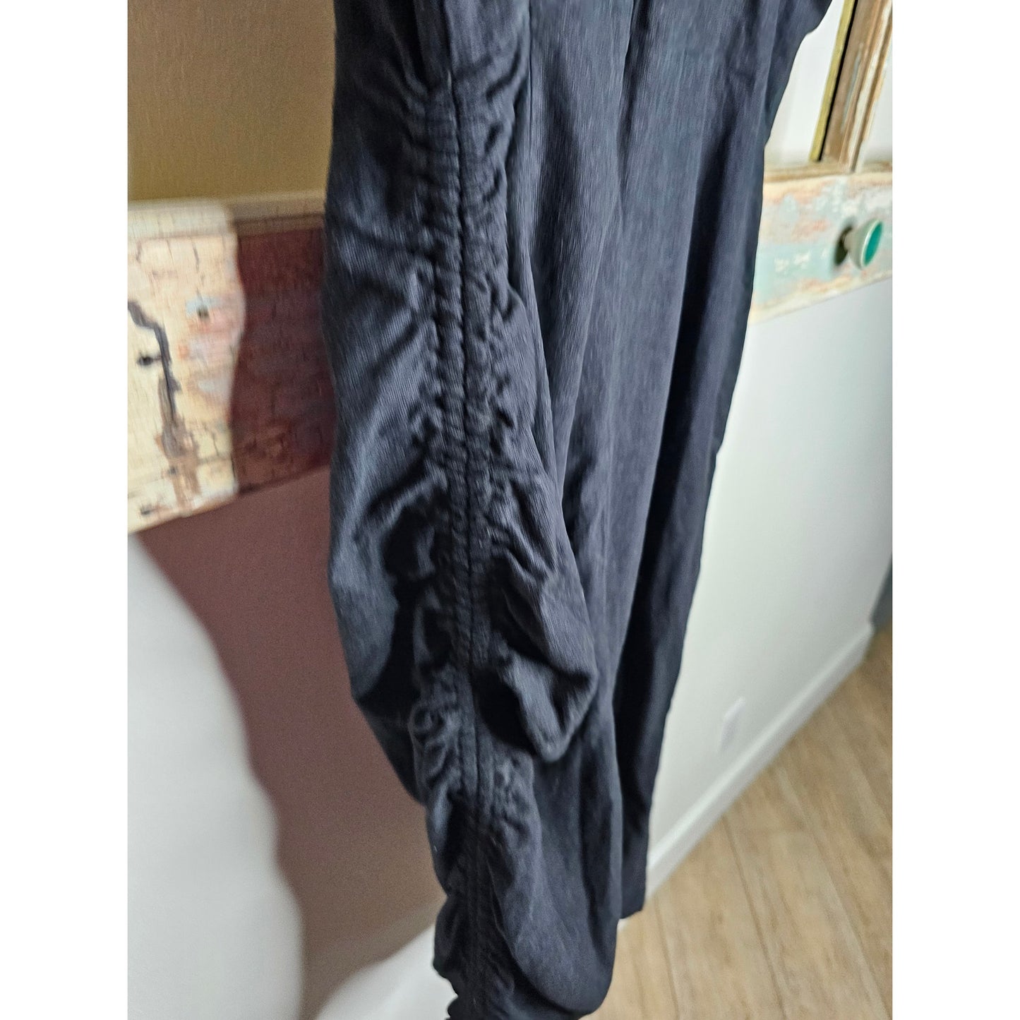 Linen Black Midi Dress with Spaghetti Straps and cinch Ladies size Large
