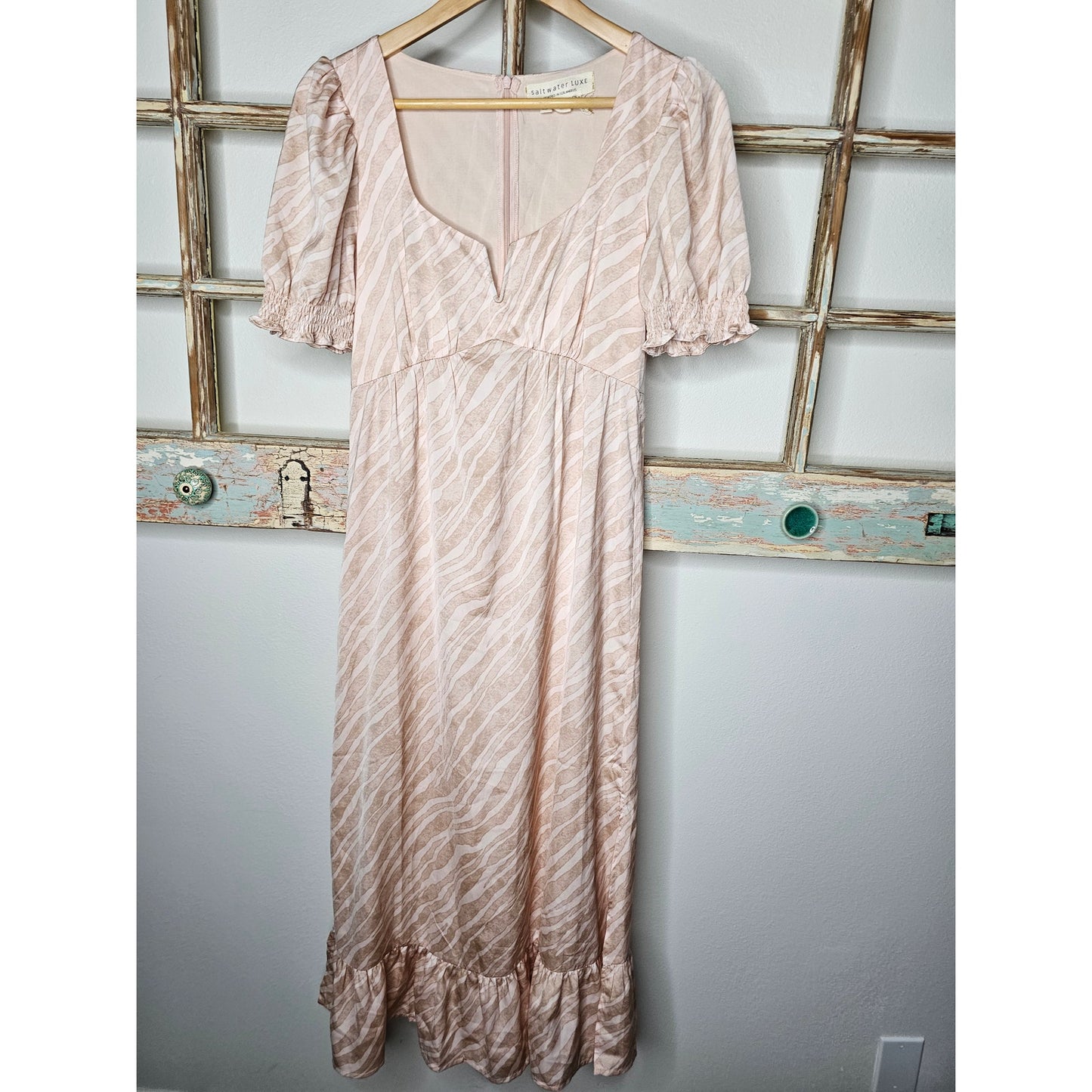 Saltwater Lux Satin Midi Dress Puff Sleeves Ruffled Bottom Size Small