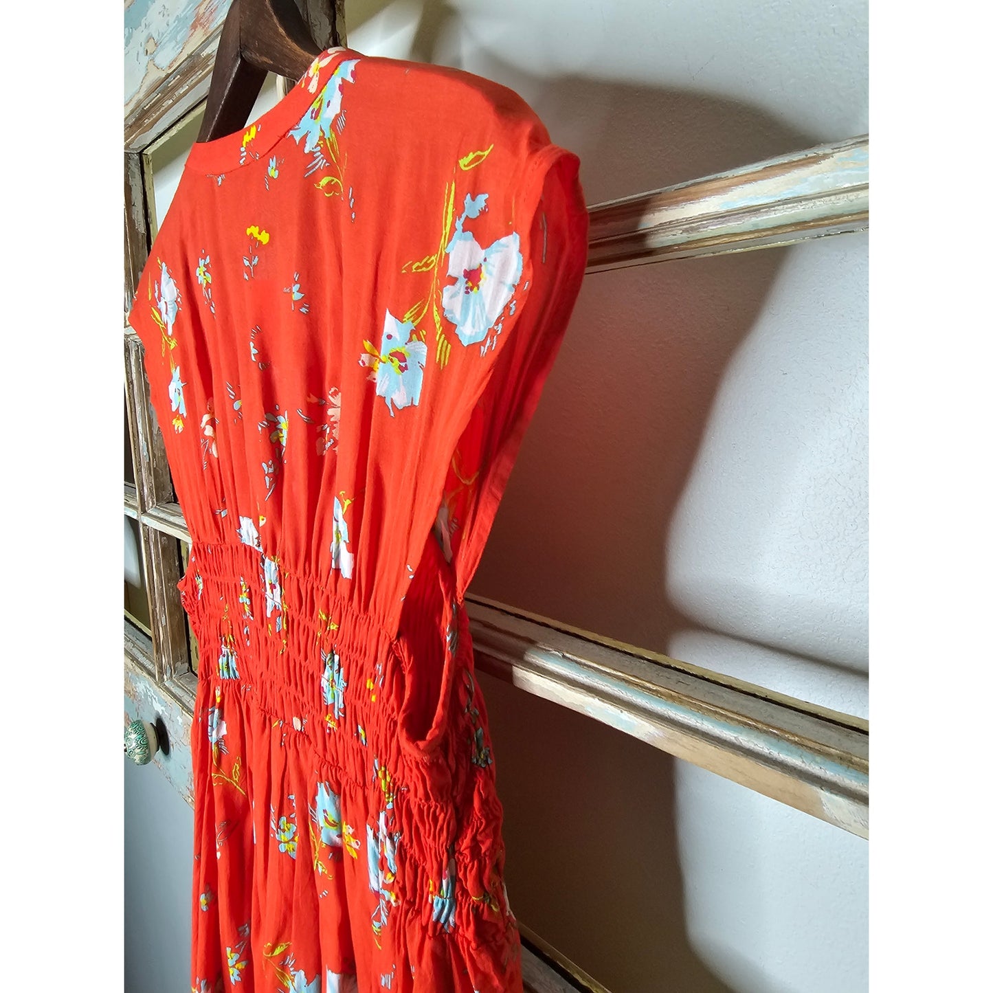 Free People Red Floral Sleeveless Lined Mini Dress With Smocking Size XS