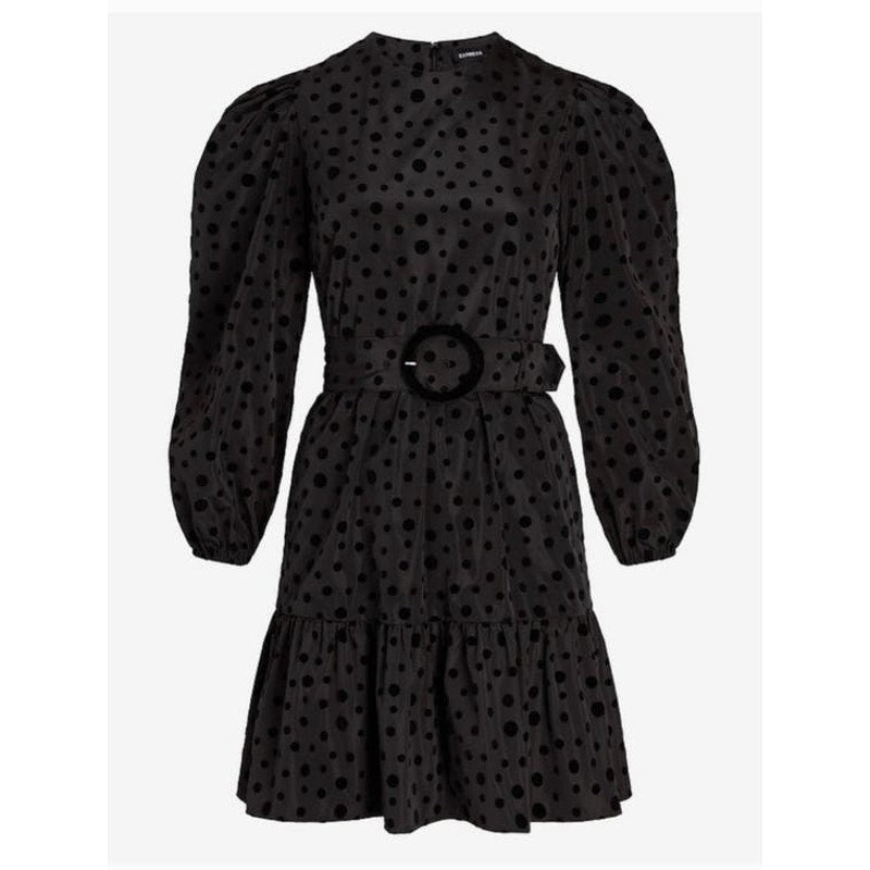 NWT Express black Velvety Polka Dot Puff Sleeve Tiered Dress size Medium