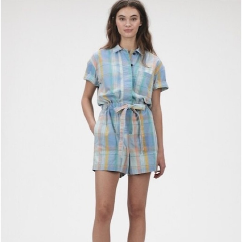 Gap Plaid 100% Cotton Romper with belted waist size 12