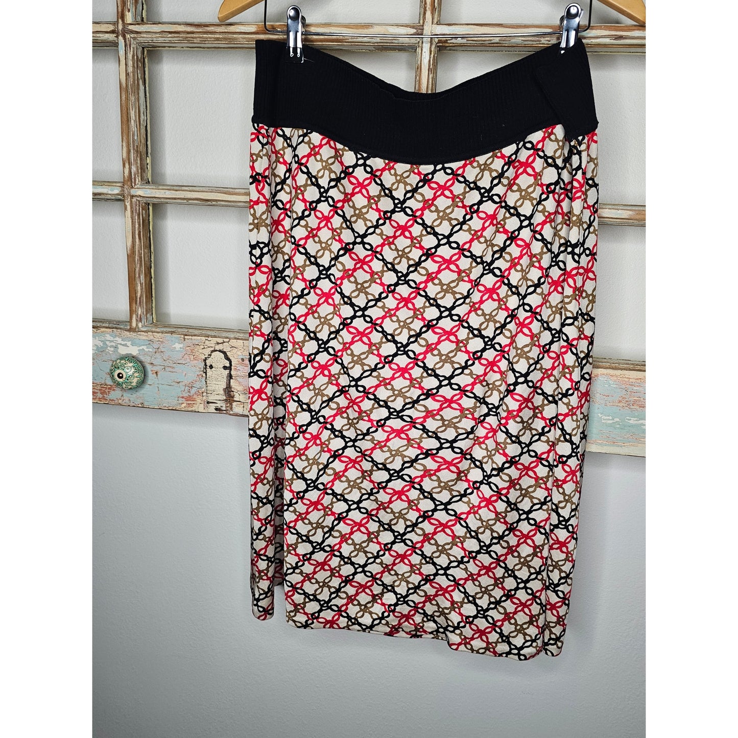 Escada Sport Red/Black/Tan Merino Wool Blend Silk Skirt size XL7[