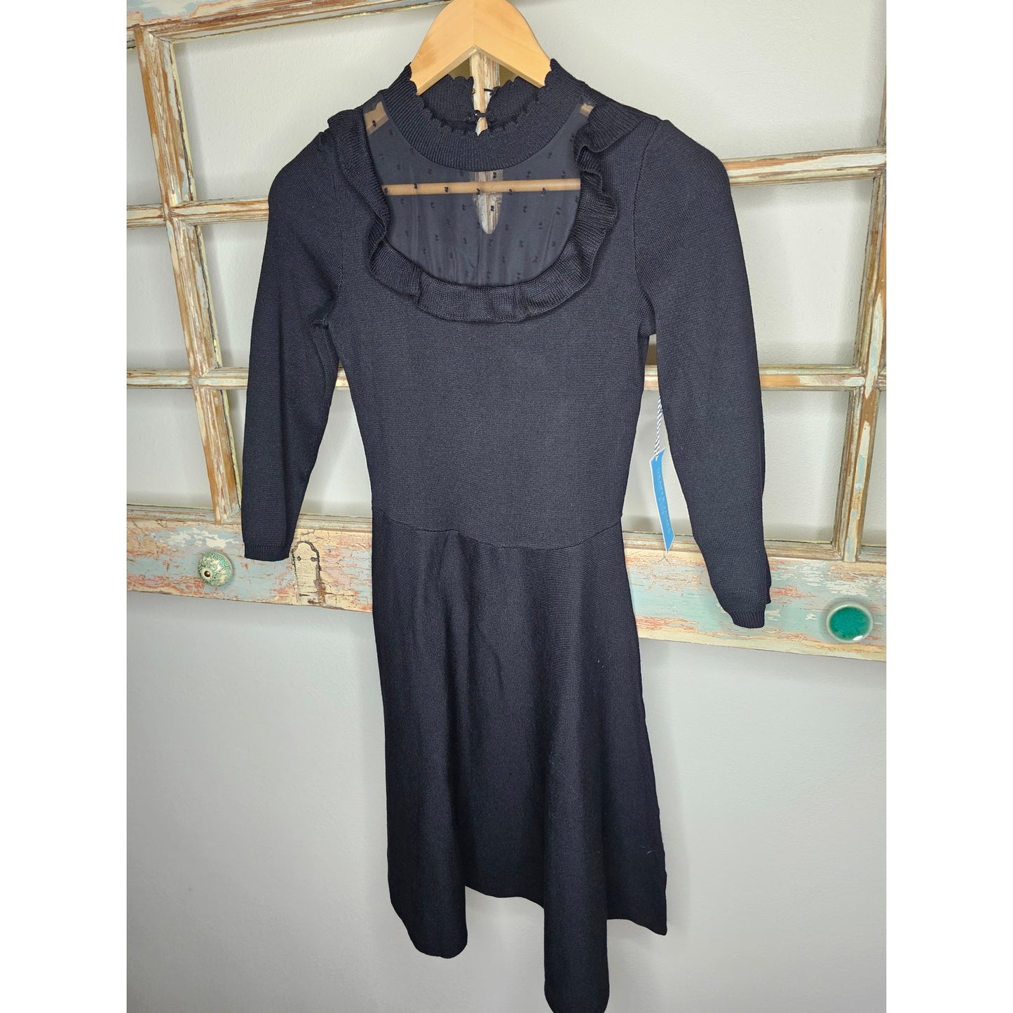 NWT Draper James Black Dress w/ Ruffle Bib neckline & polka dot lace size XS