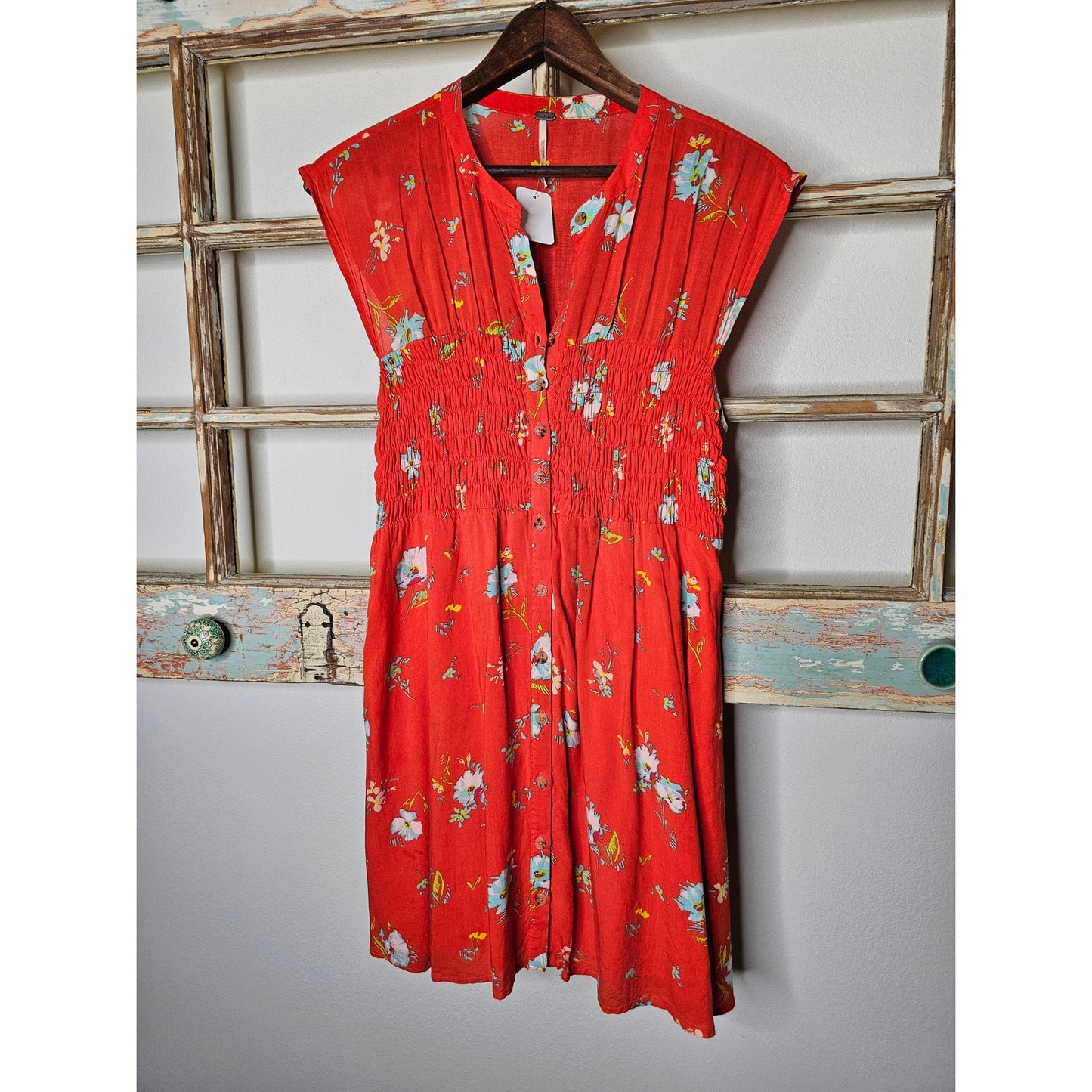 Free People Red Floral Sleeveless Lined Mini Dress With Smocking Size XS