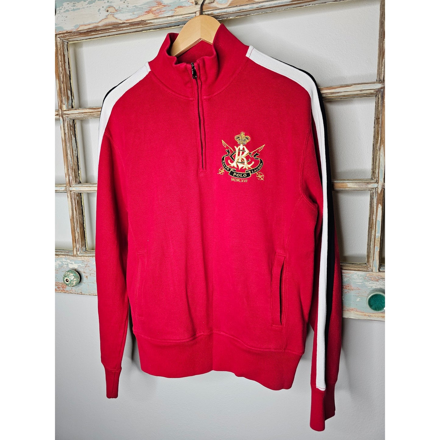 Polo Ralph Lauren Pullover 1/4 zip with crest Red, Cream, Black Ladies Medium