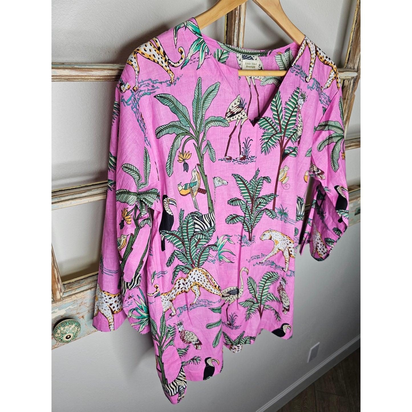 Pink Jungle Print Pullover Tunic Ladies Size Medium by Little Tibet Boutique