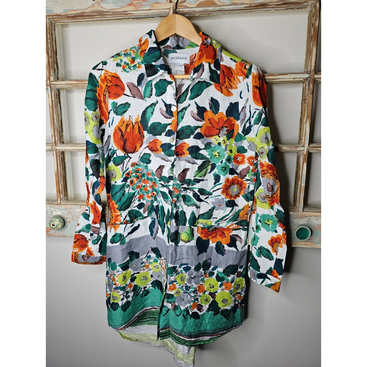 Linen Peck & Peck Fall Floral Tunic Long Sleeve Button Up Ladies size Small