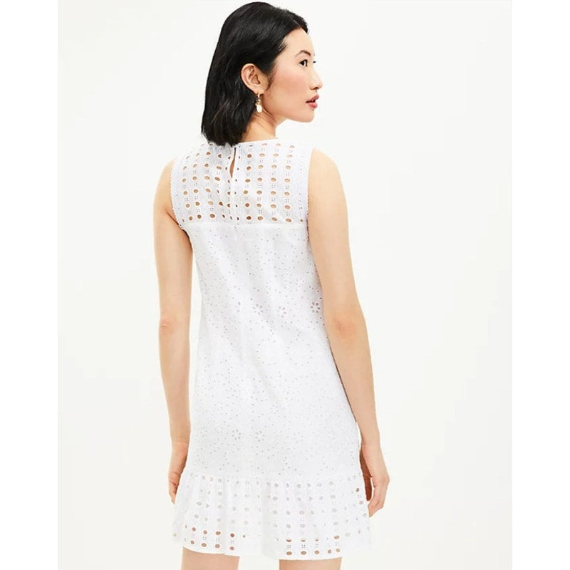 NWT LOFT White Eyelet Sleeveless Sheath Dress with Ruffled Hem Size 14