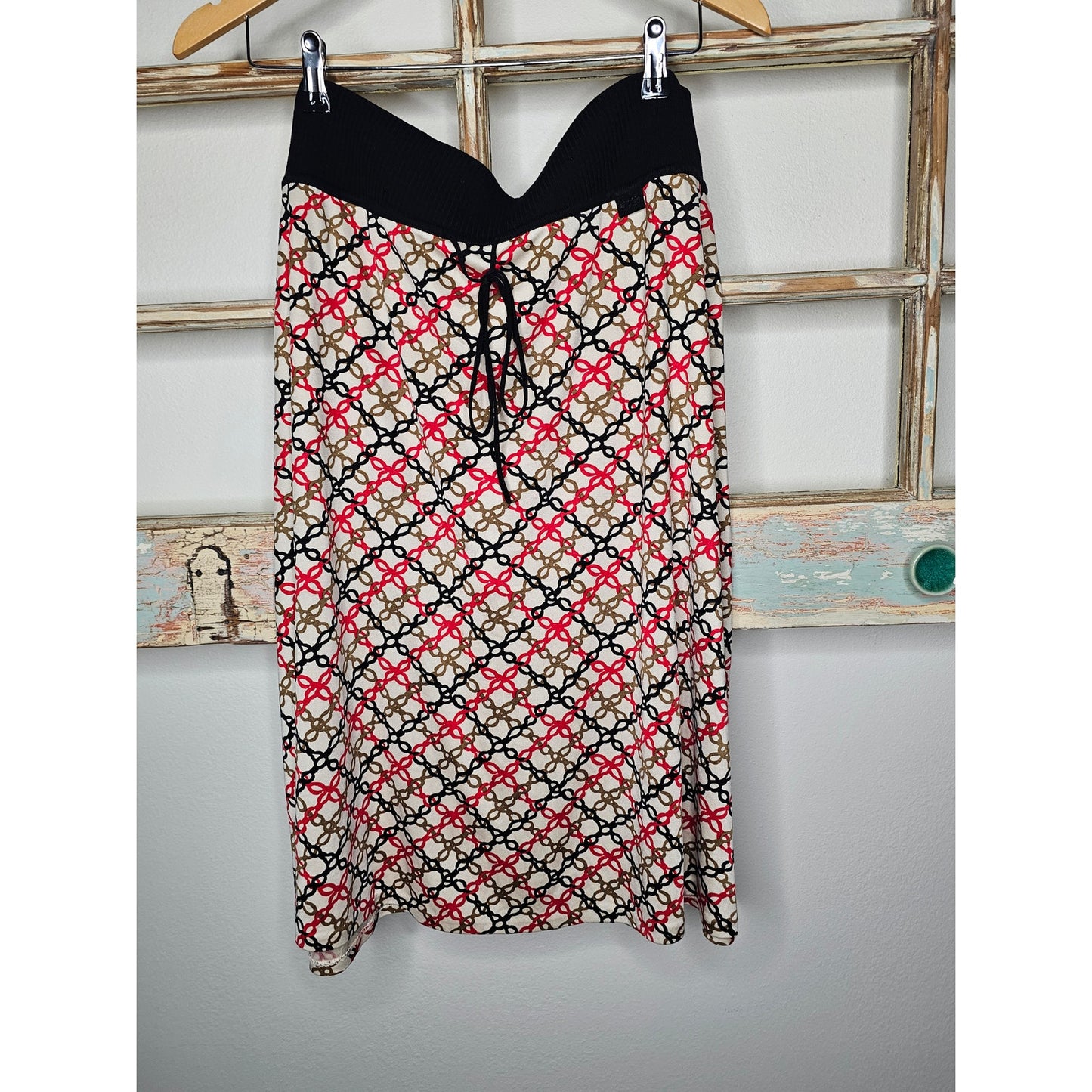 Escada Sport Red/Black/Tan Merino Wool Blend Silk Skirt size XL7[