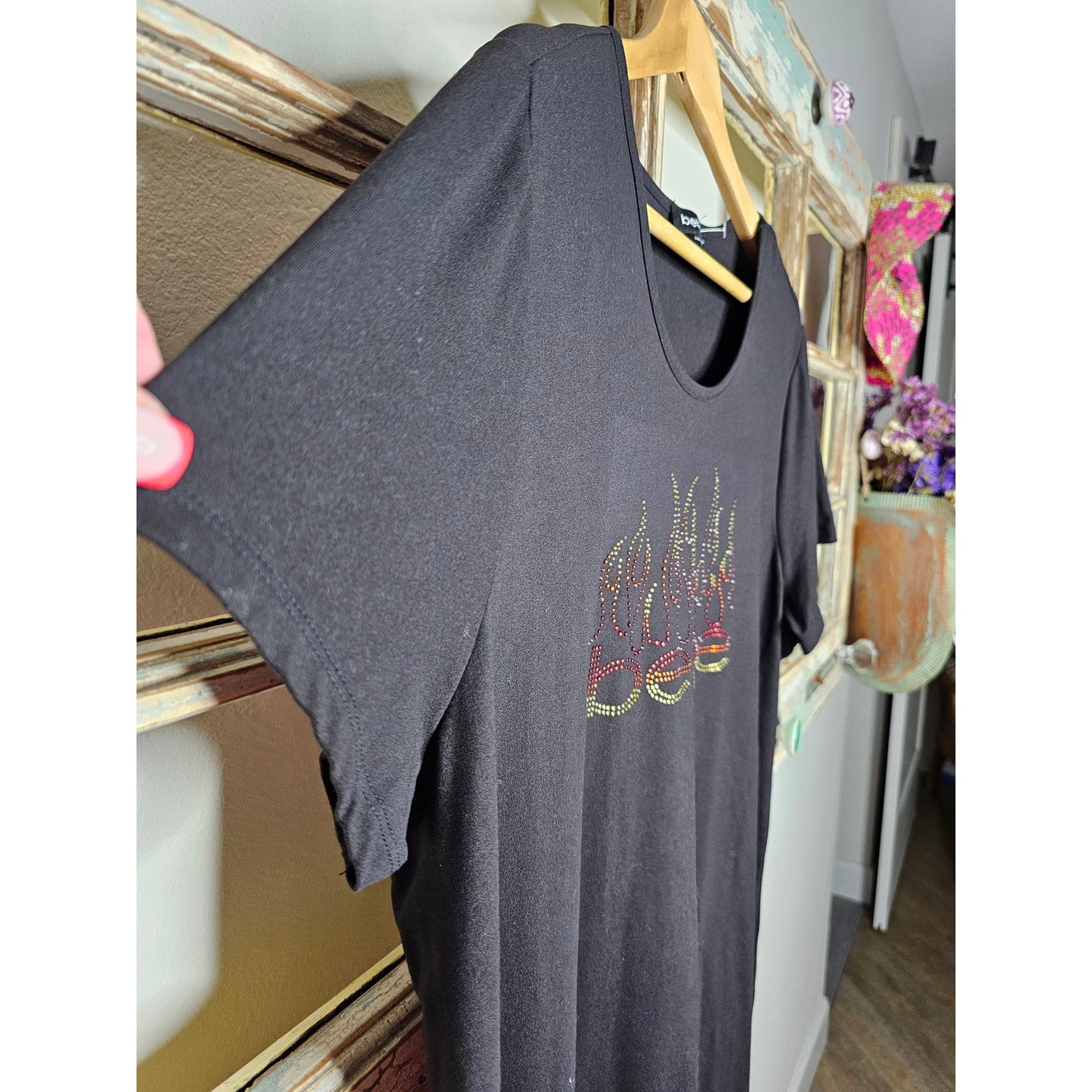 NWOT BeBe Black Tee Dress With Flame Fire Bling Ladies size 2X
