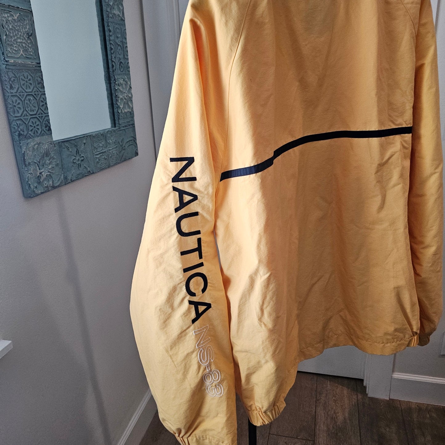 Vintage Nautica Gold/Blue Zip Up Wind Breaker Hidden Hood Mens Size XL