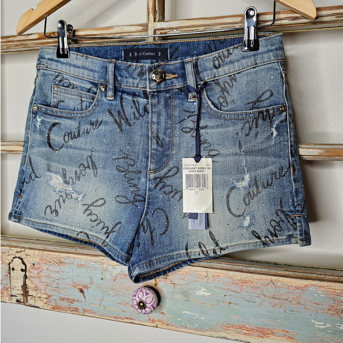 NWT Juicy couture Mid Rise Crystals & Graffiti Denim Shorts Ladies size 27
