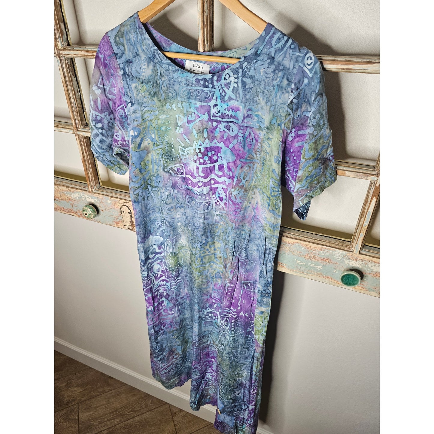 Vintage Batik Midi Dress Purples & Blues Patches Ladies size Medium