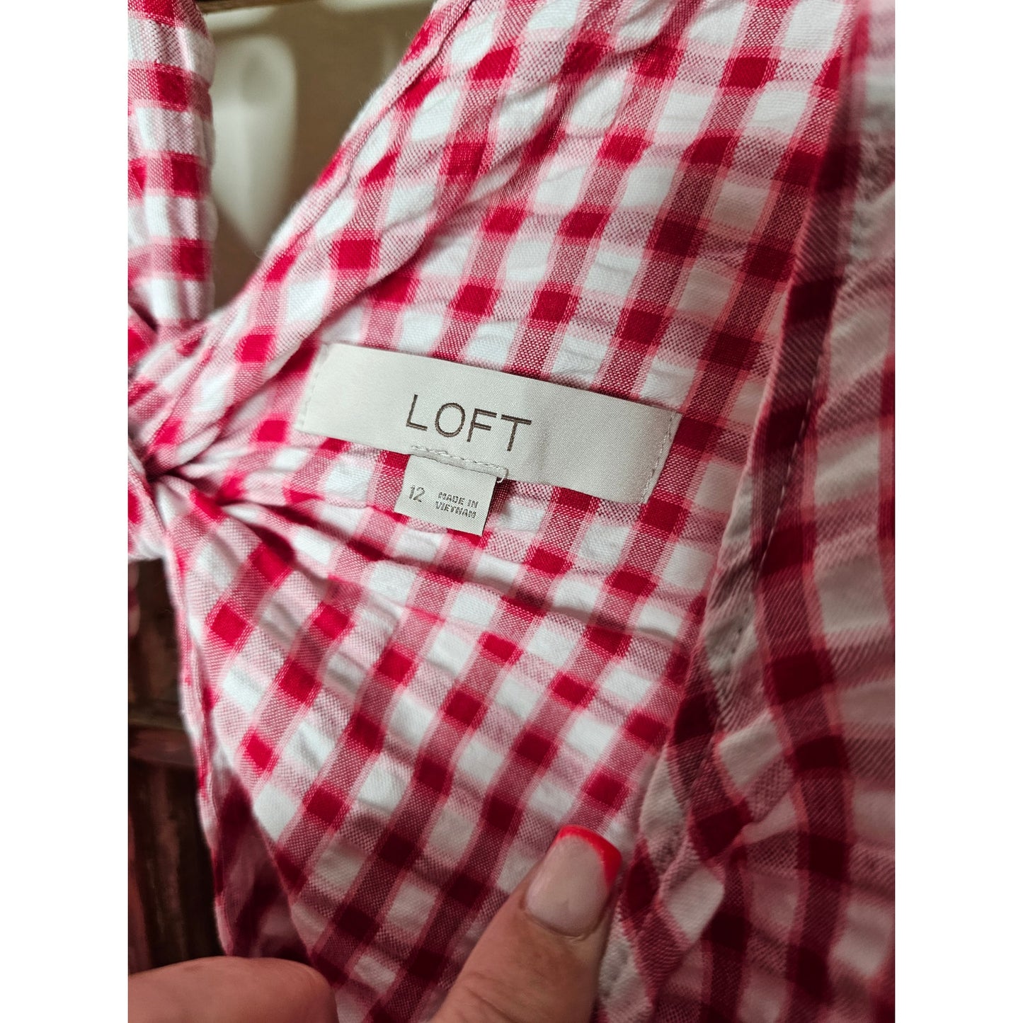 Gingham Red/White Tie Back Flounce Swing Dress Ladies size 12