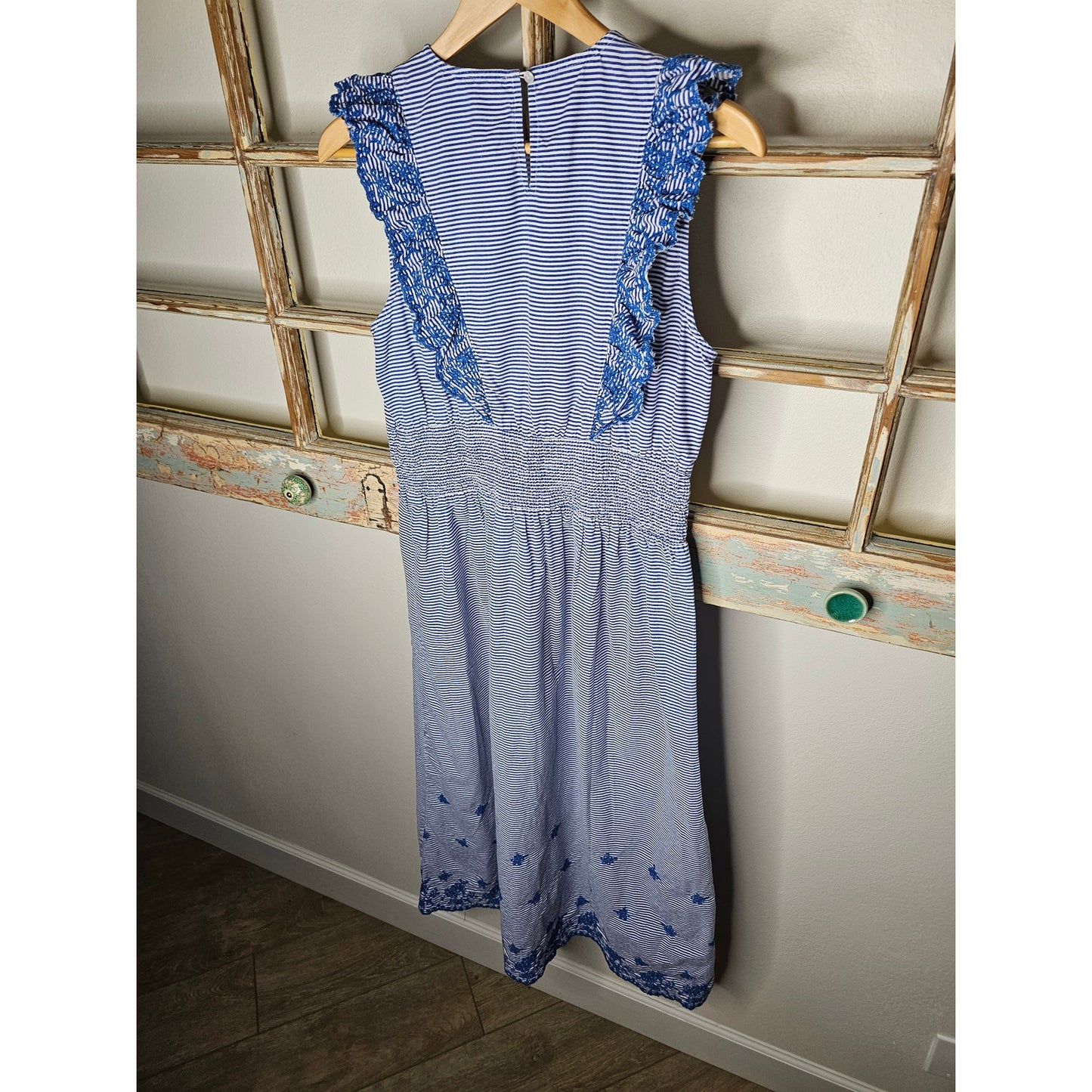 Koton Blue & White Stripe Midi Dress with Ruffles and Embroidery Ladies size Medium