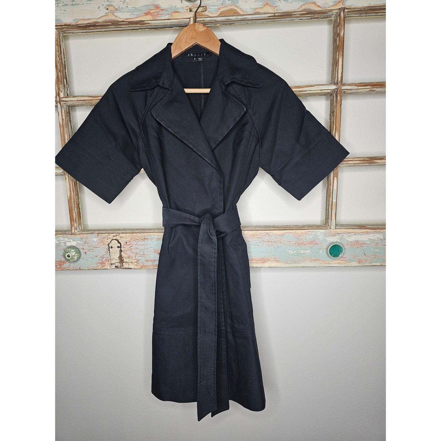 Theory Black Collared Trech Tailored Coat Dress Ladies size Small