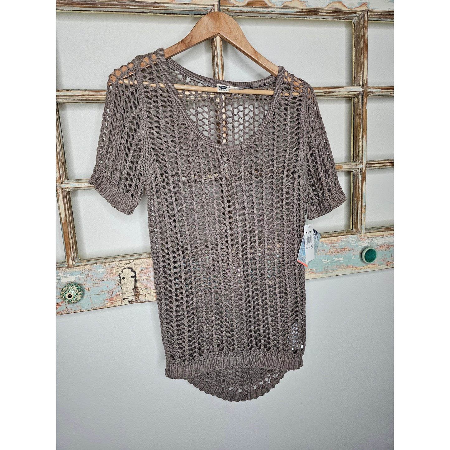 NWT Roxy Taupe Open Knit High Low Short Sleeve Top Size Large