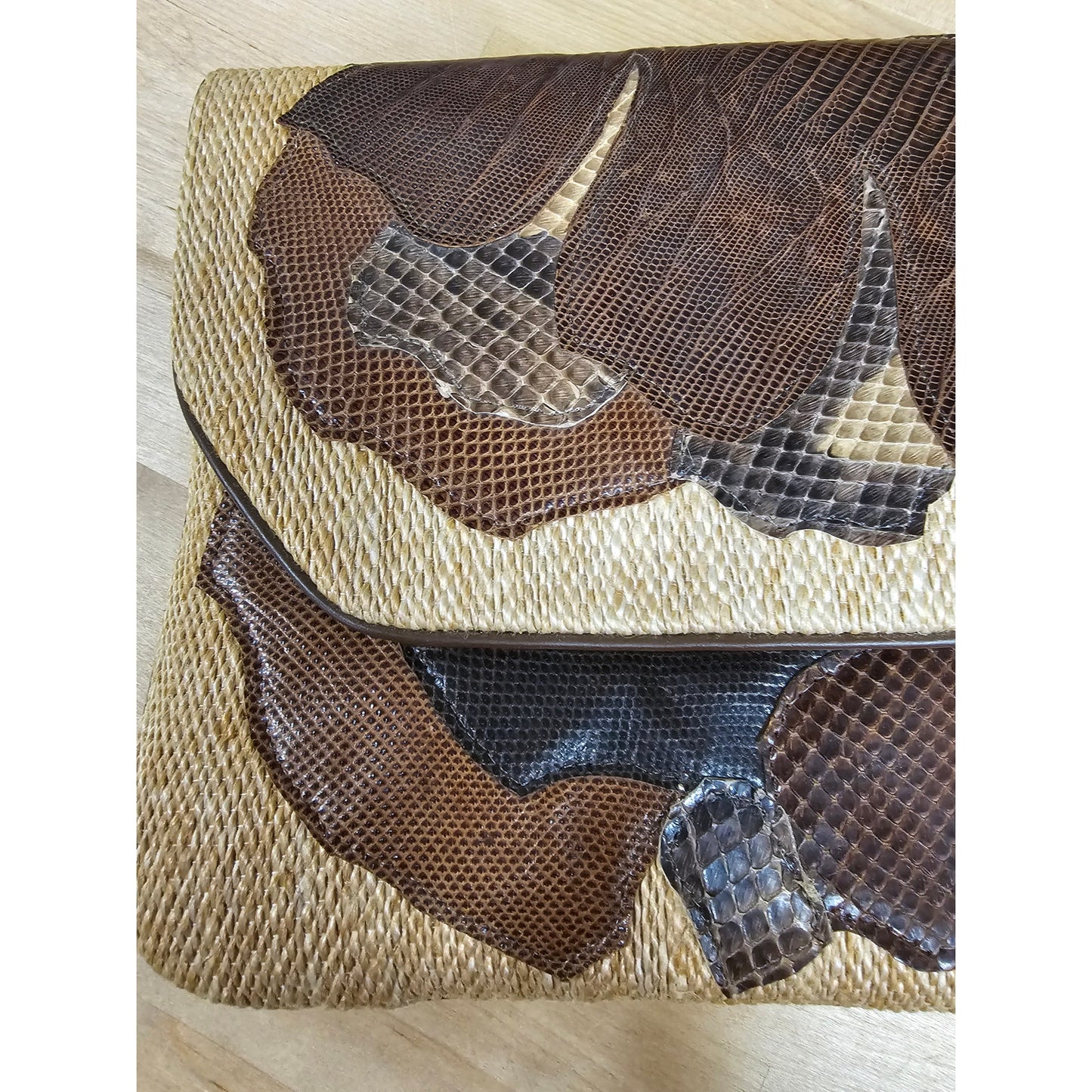 Carlo Fiori Vintage Envelope Straw & Snakeskin Clutch W/ Snap Closure