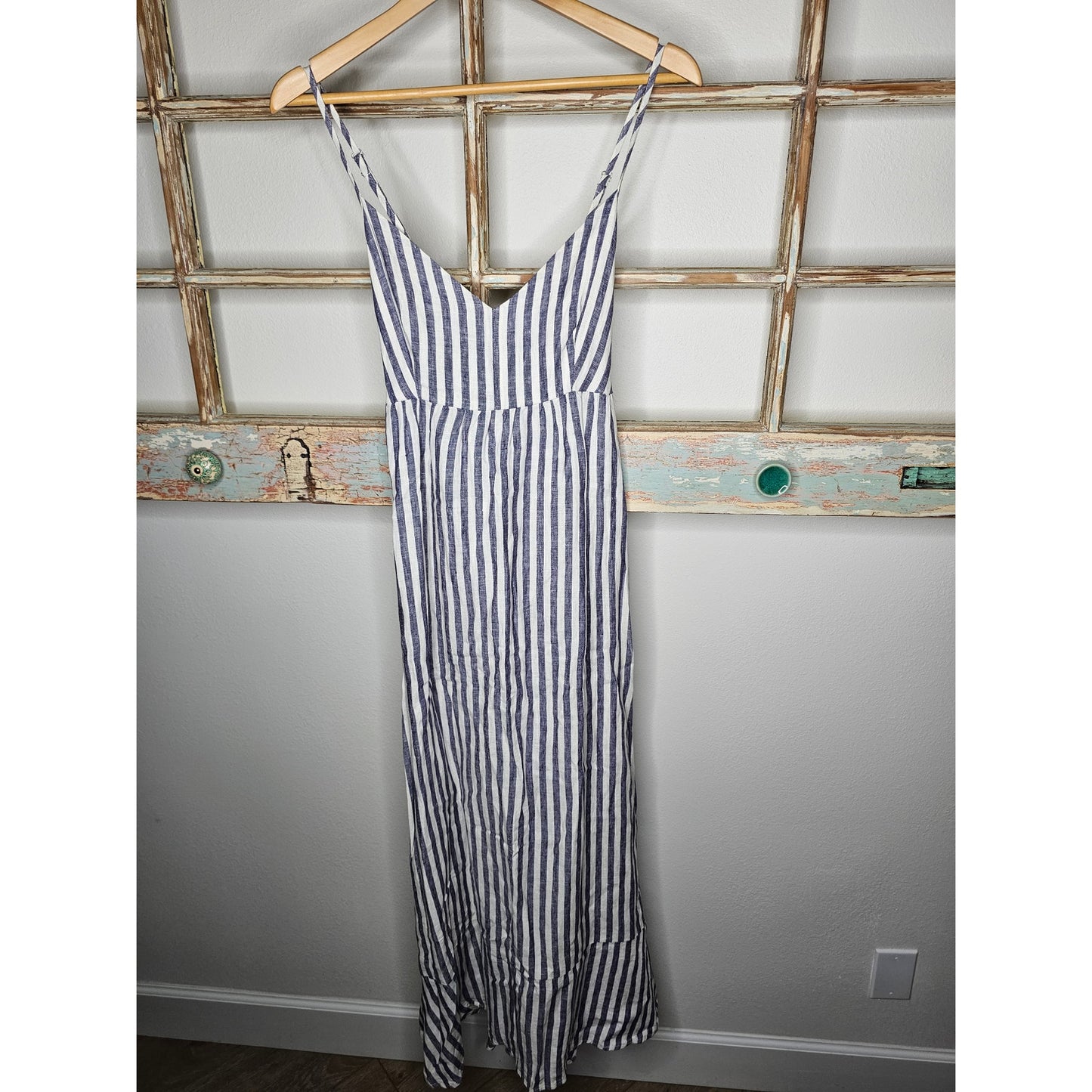 Linen Antibes Blanc Ladies Lined Striped Tiered Midi Dress Ladies Size 6