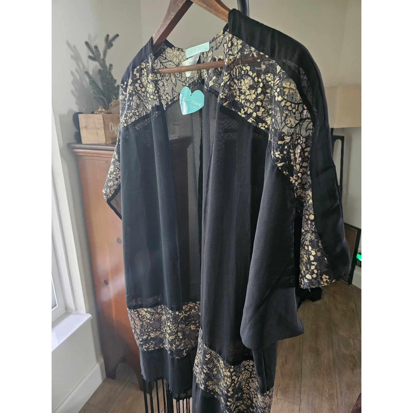 NWT Betsey Johnson black & gold Fringe Sheer Kimono ladies OSFM